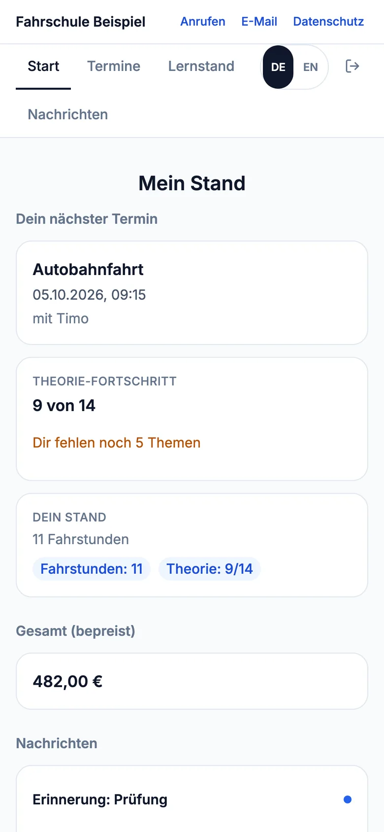 „Mein Stand“ im Fahrschüler-Portal auf dem Handy: die nächste Fahrstunde