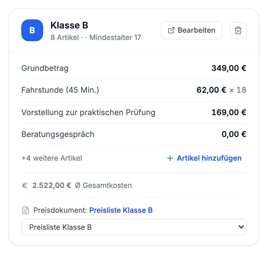 Preisliste in den Einstellungen: Klasse B mit Grundbetrag, Fahrstunde und Vorstellung zur Prüfung, mit Beispielpreisen